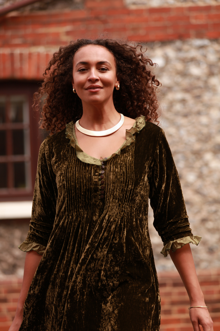 **COMING SOON - AVAILABLE TO PRE-ORDER** Silk Velvet Karen Dress in Olive Green