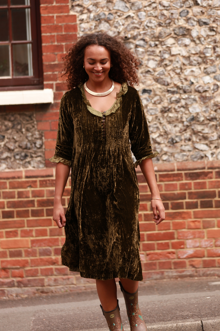 **COMING SOON - AVAILABLE TO PRE-ORDER** Silk Velvet Karen Dress in Olive Green