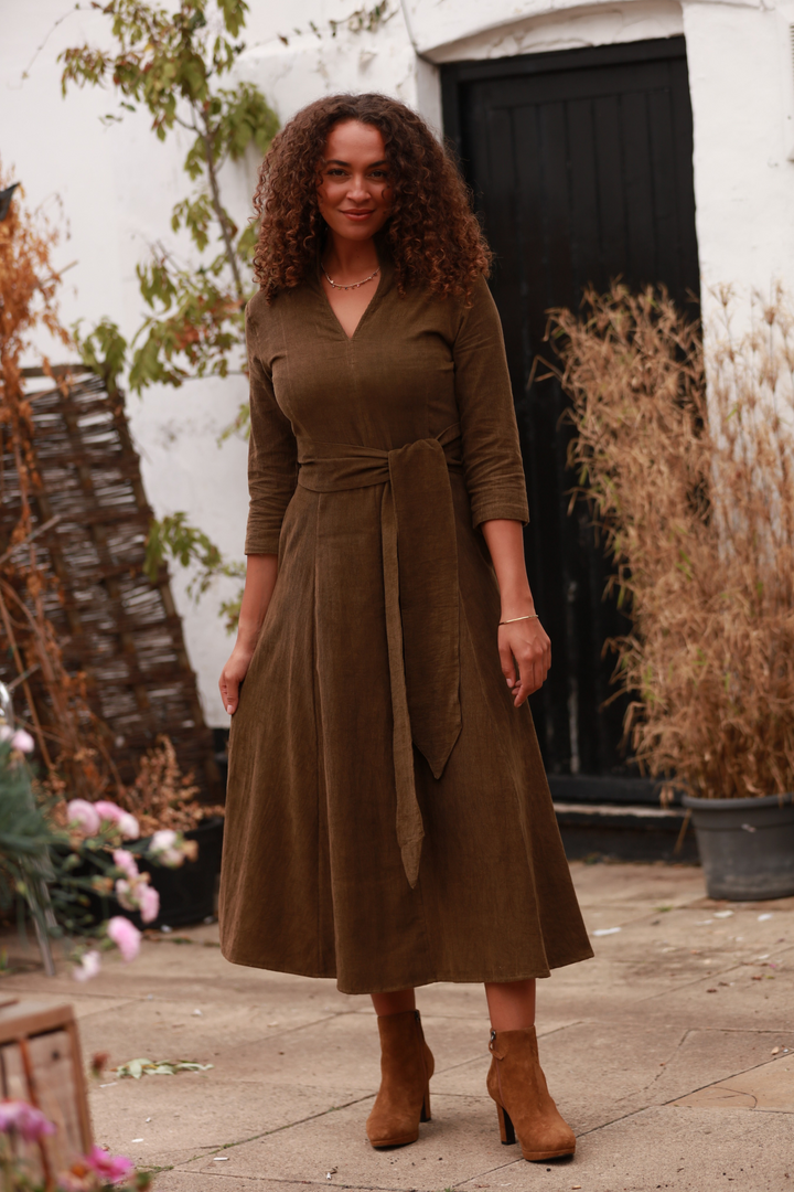**COMING SOON - AVAILABLE TO PRE-ORDER** Chelsea Corduroy Midi Dress in Olive