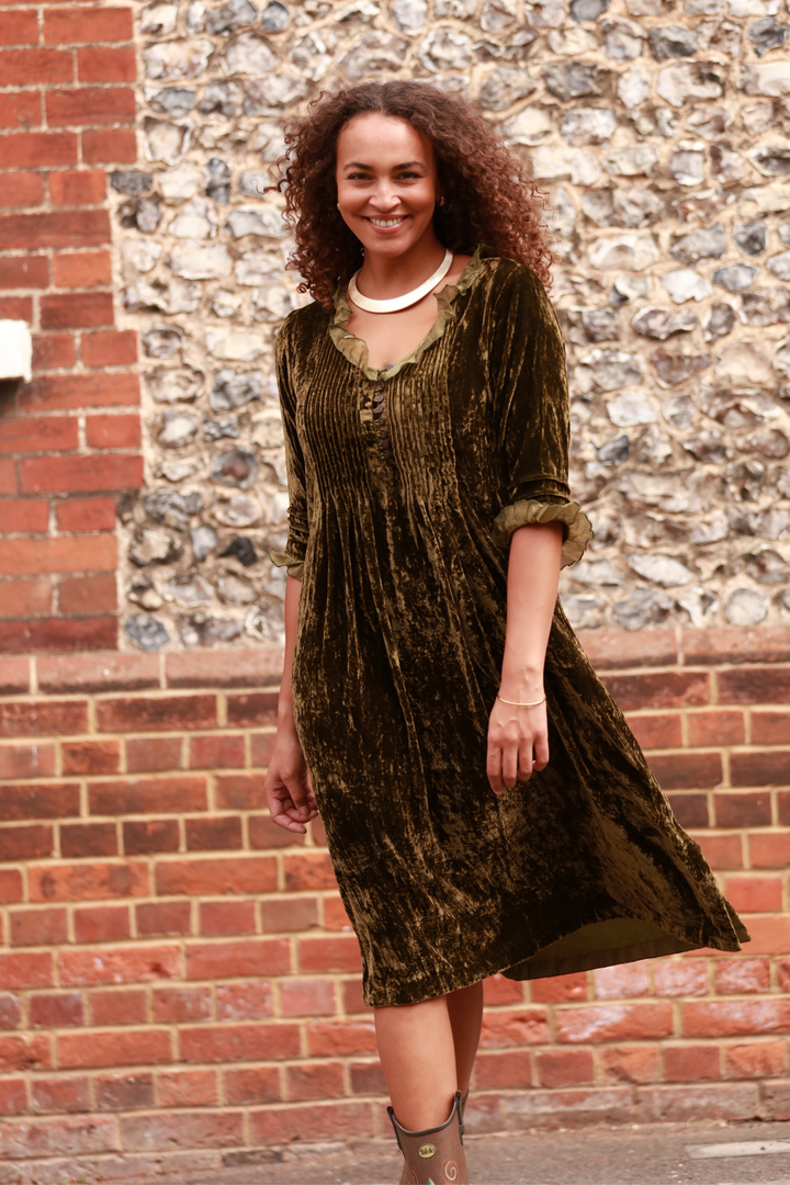**COMING SOON - AVAILABLE TO PRE-ORDER** Silk Velvet Karen Dress in Olive Green