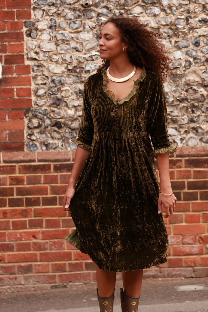 **COMING SOON - AVAILABLE TO PRE-ORDER** Silk Velvet Karen Dress in Olive Green