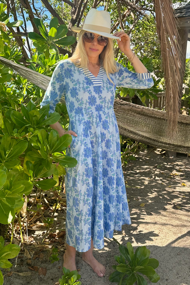 Cotton Rhonda Midi Dress in Blue Pinstripe