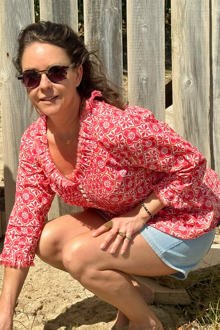 Sophie Cotton Shirt in Coral & White Flower