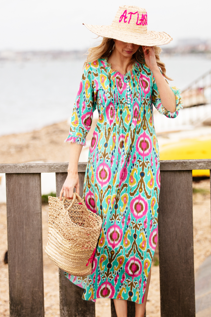 Cotton Annabel Maxi Dress in Turquoise Multi Ikat
