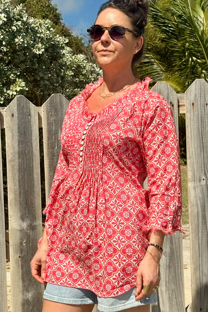Sophie Cotton Shirt in Coral & White Flower