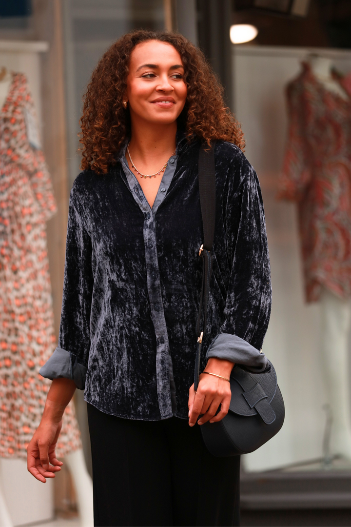 **COMING SOON - AVAILABLE TO PRE-ORDER** Silk Velvet Karen Shirt In French Grey