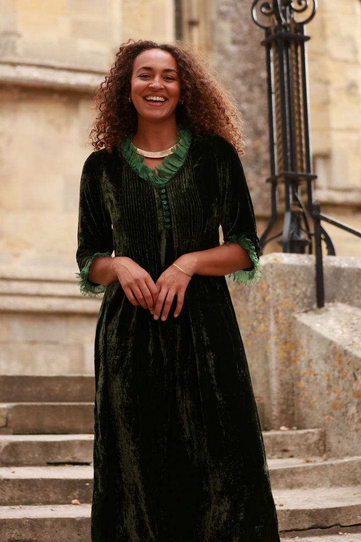 **COMING SOON - AVAILABLE TO PRE-ORDER** Silk Velvet Annabel Maxi Dress in Forest Green