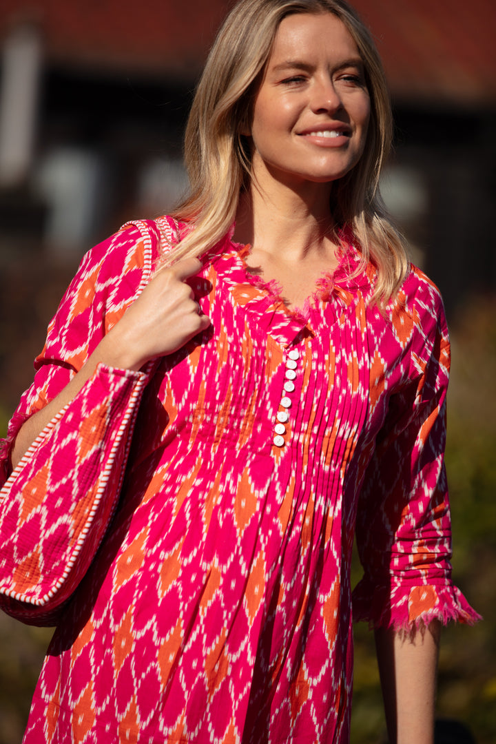 Cotton Annabel Maxi Dress in Fuschia & Orange Diamond