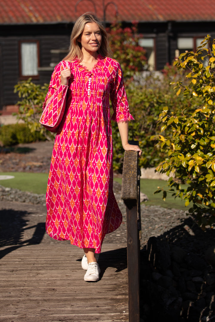 Cotton Annabel Maxi Dress in Fuschia & Orange Diamond