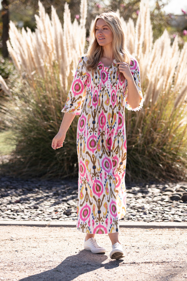 Cotton Annabel Maxi Dress in White Multi Ikat