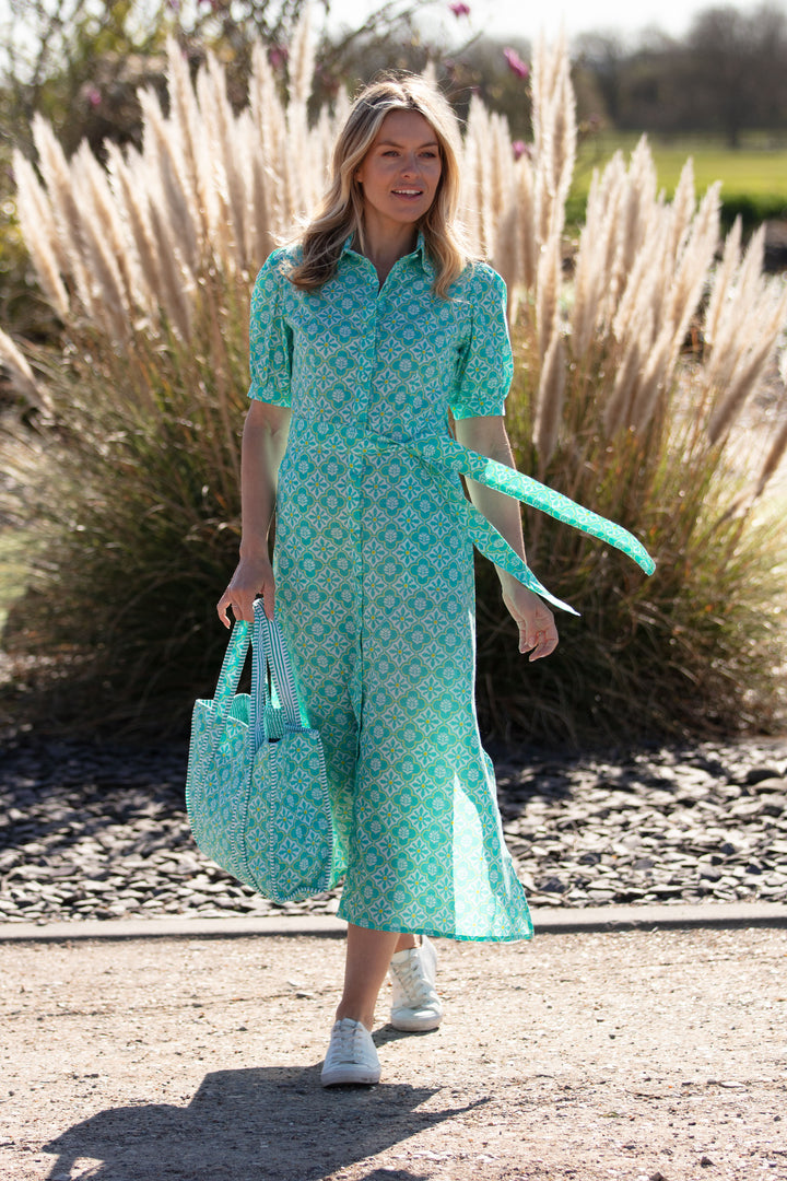Cotton Maddie Dress in Turquoise & White Flower