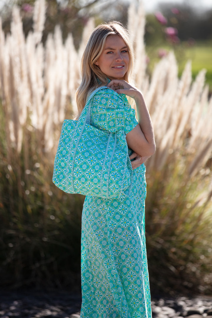 Medium Cotton Tote Bag In Turquoise & White Flower
