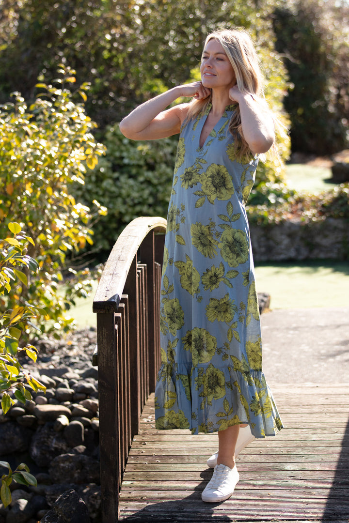 Cotton Lombock Midi Dress in Lime & Grey