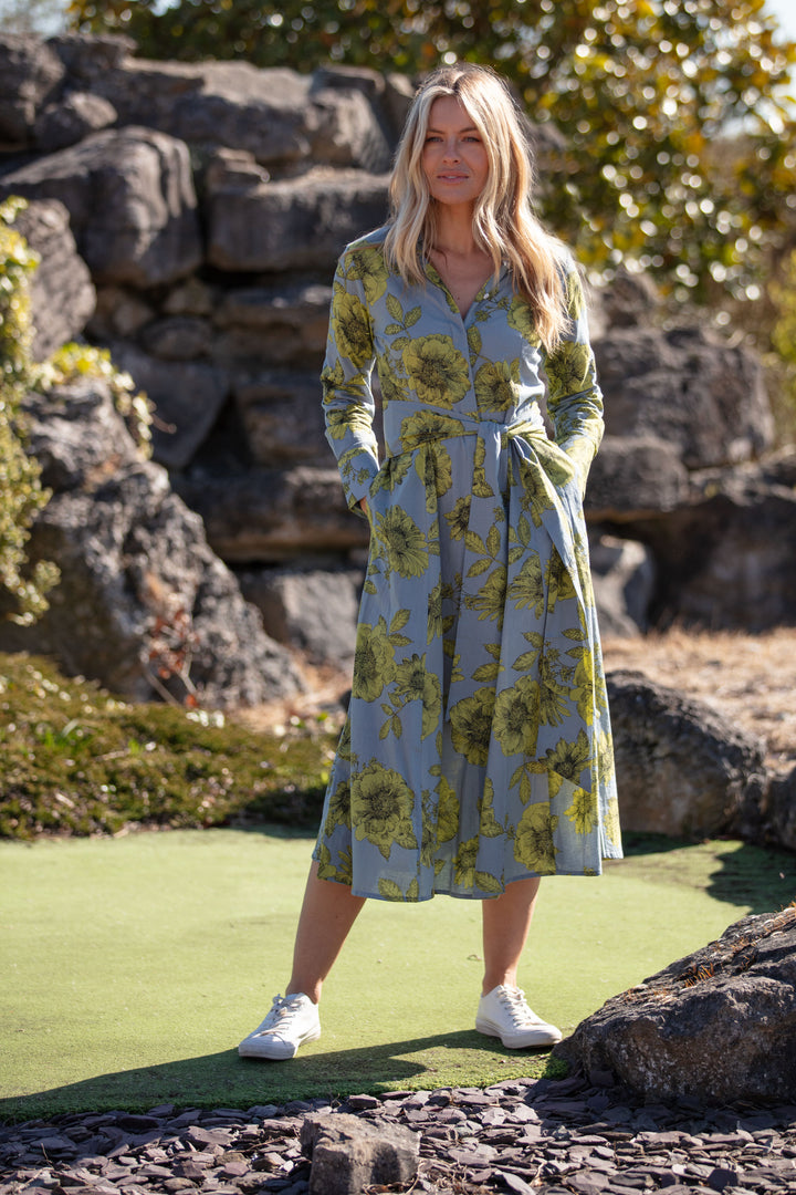 Cotton Marigold Dress in Lime & Grey