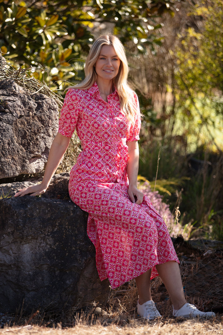 Cotton Maddie Dress in Coral & White Flower
