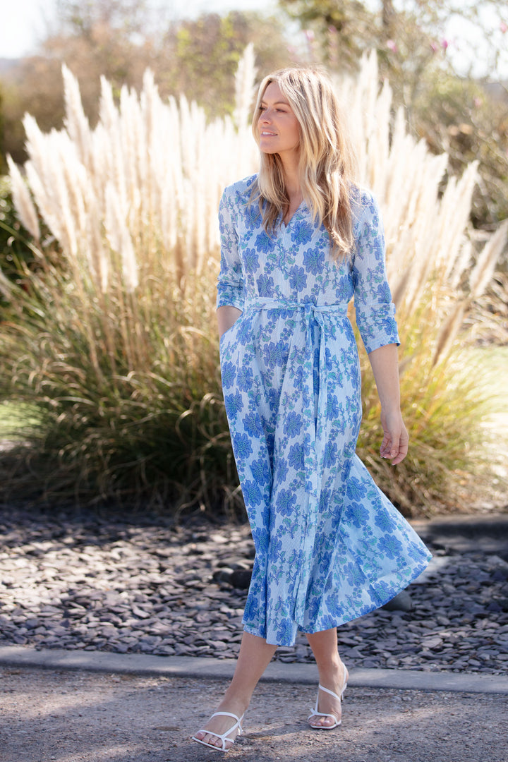 Cotton Chelsea Midi Dress in Blue Pinstripe