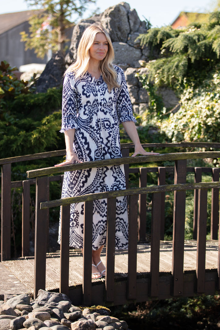 Cotton Annabel Maxi Dress in Navy & White Ikat