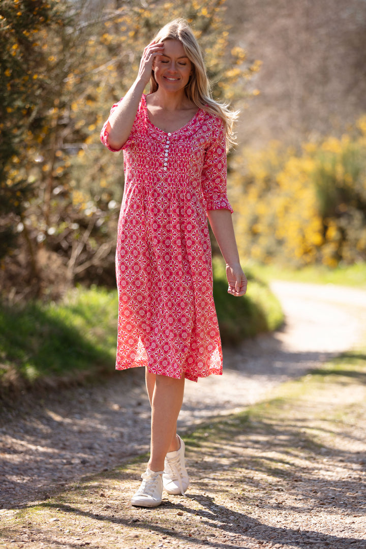 Cotton Karen 3/4 Sleeve Day Dress in Coral & White Flower