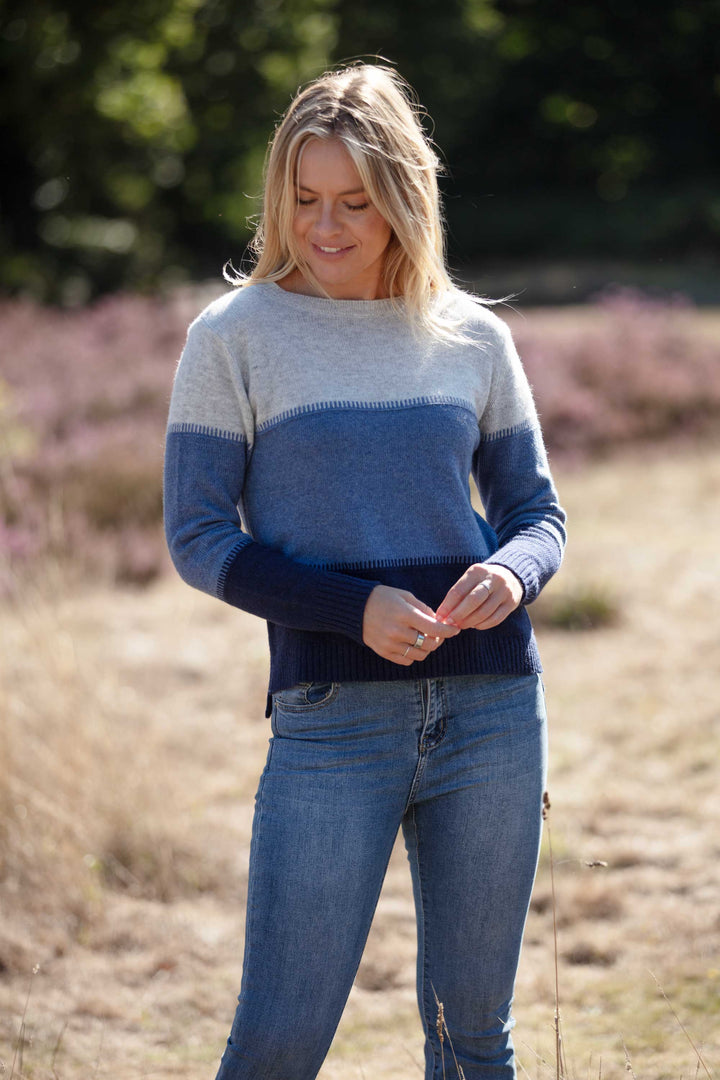 Cashmere Mix Sweater In Grey, Denim & Navy Stripe