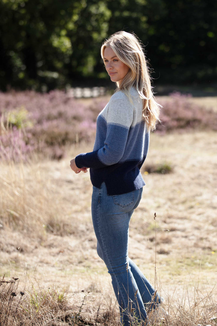 Cashmere Mix Sweater In Grey, Denim & Navy Stripe