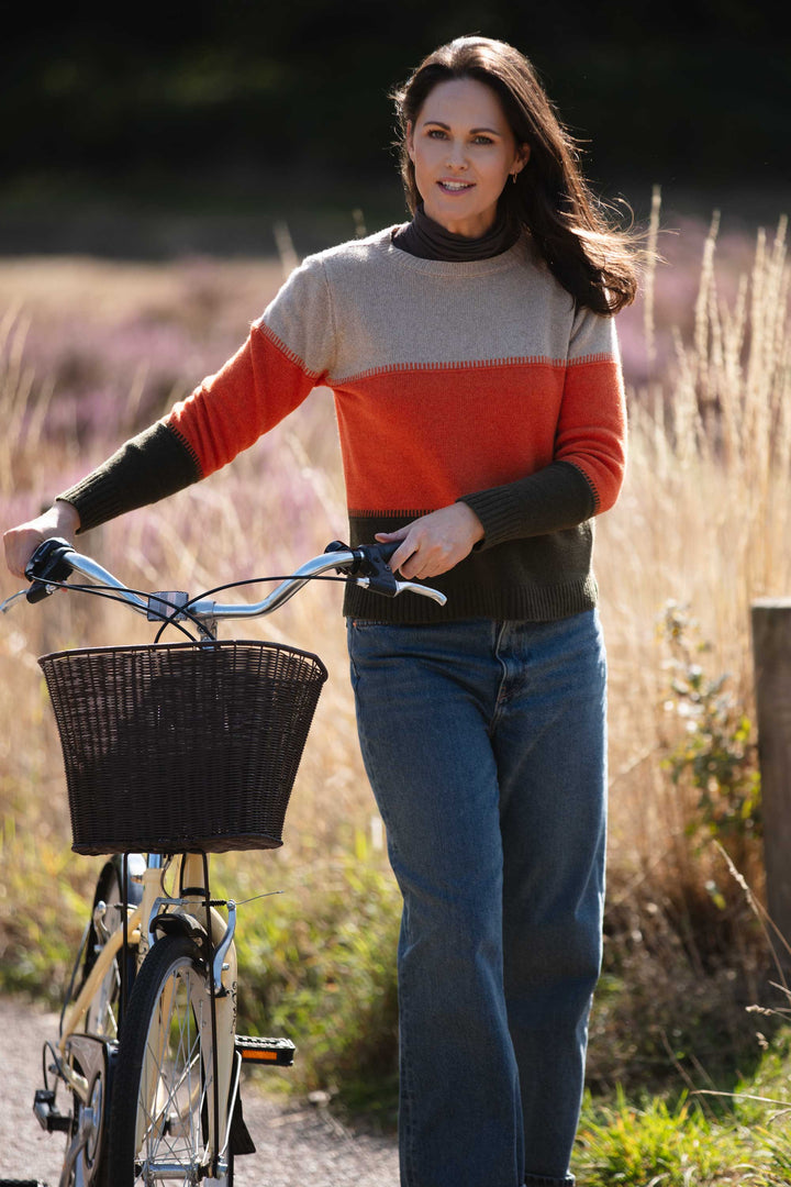Cashmere Mix Sweater In Beige, Orange & Olive Stripe