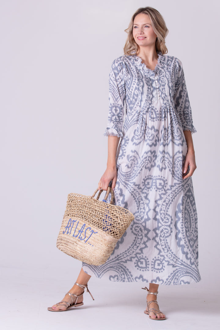 Cotton Annabel Maxi Dress in Grey & White Ikat