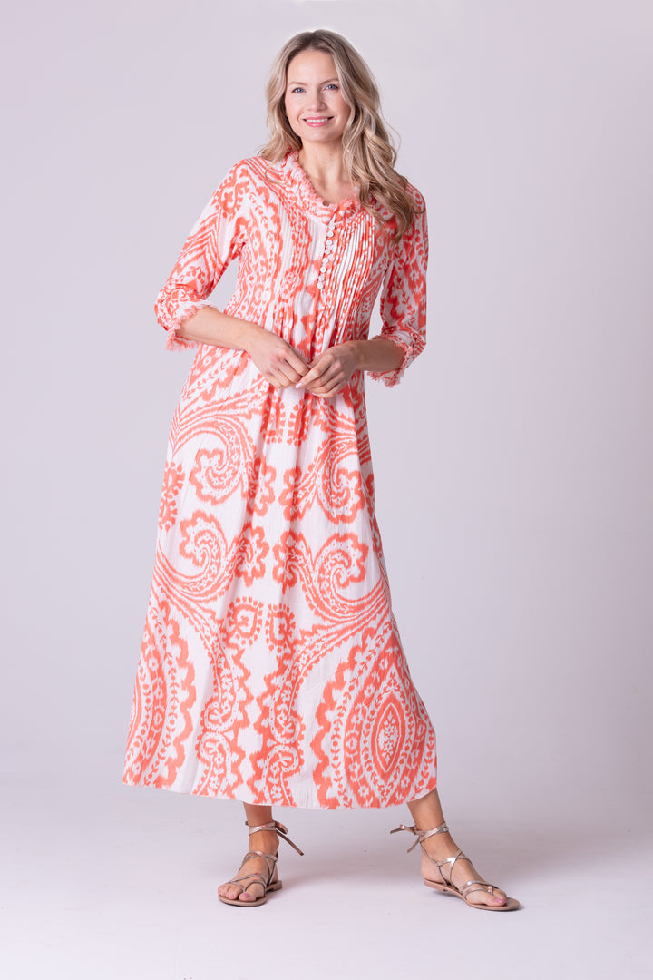 Cotton Annabel Maxi Dress in Orange & White Ikat