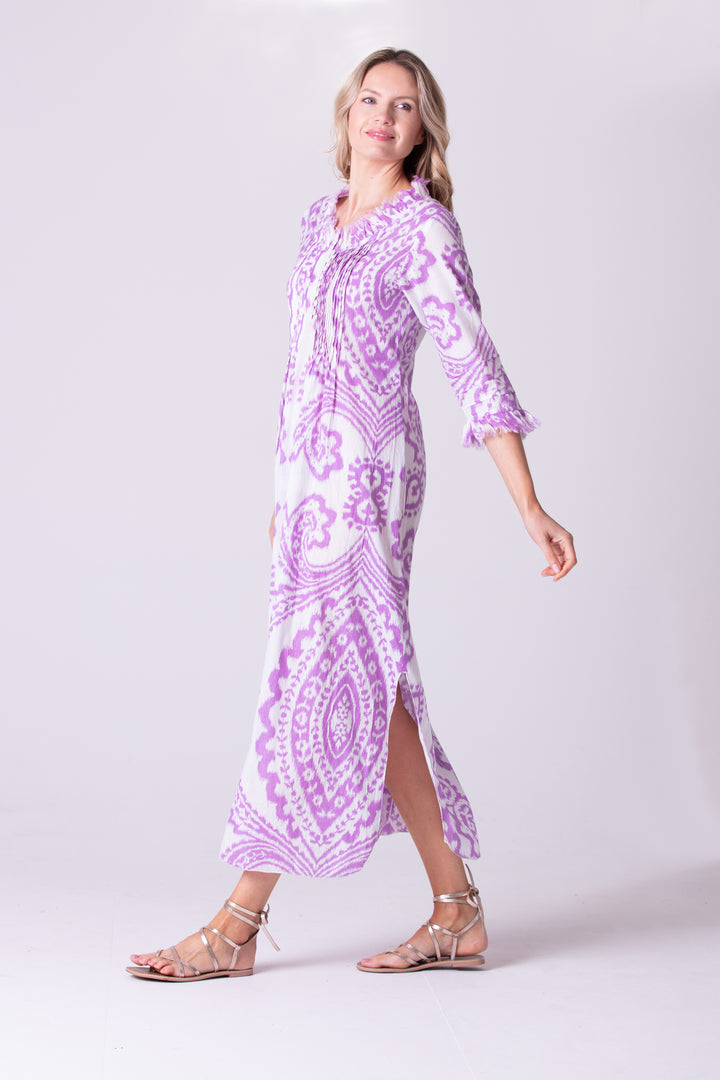 Cotton Annabel Maxi Dress in Lilac & White Ikat