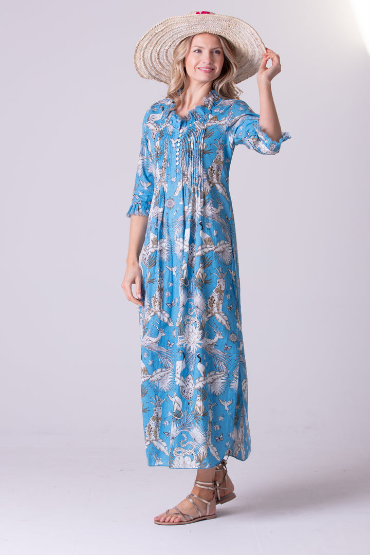 Cotton Annabel Maxi Dress in Sky Blue Tropical