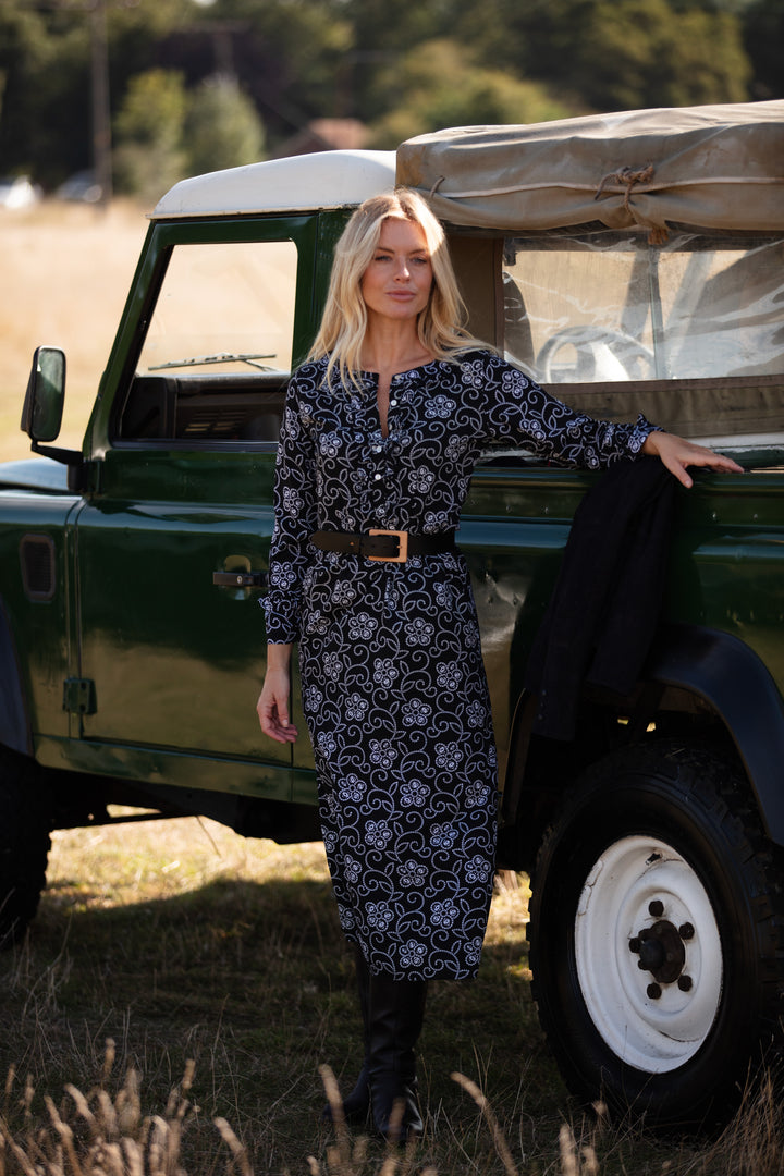 Meg Midi Dress in Black & White Floral