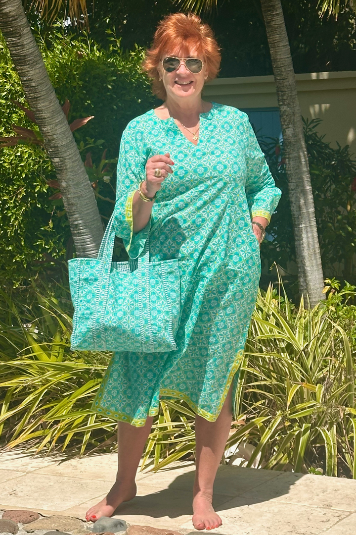 Cotton Belle Kaftan Dress in Turquoise & White Flower