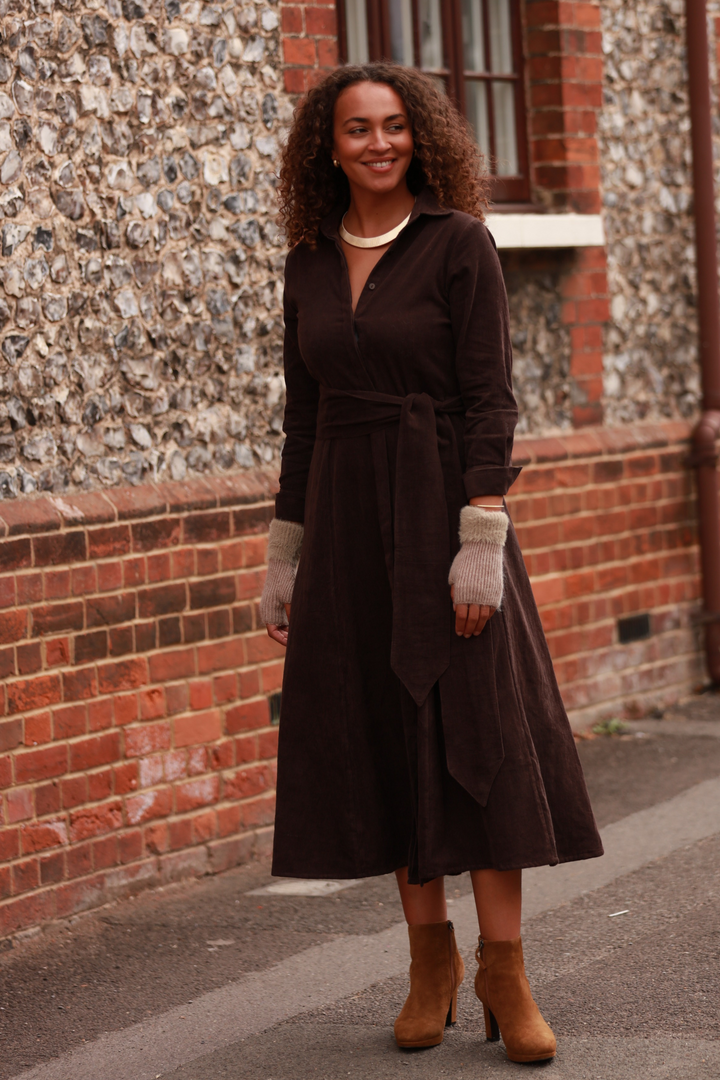 **COMING SOON - AVAILABLE TO PRE-ORDER** Mia Corduroy Midi Dress In Chocolate