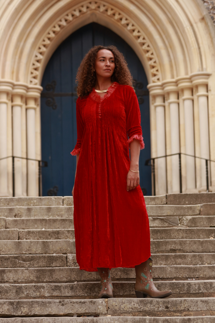 **COMING SOON - AVAILABLE TO PRE-ORDER** Silk Velvet Annabel Maxi Dress in Holly Red