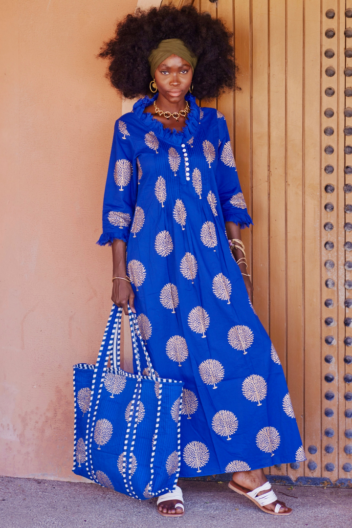 Cotton Annabel Maxi Dress in Marrakesh Blue & Gold