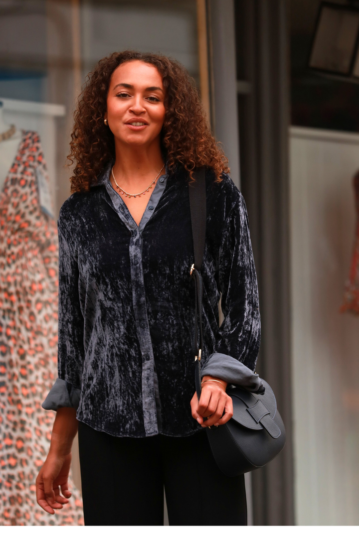 **COMING SOON - AVAILABLE TO PRE-ORDER** Silk Velvet Karen Shirt In French Grey
