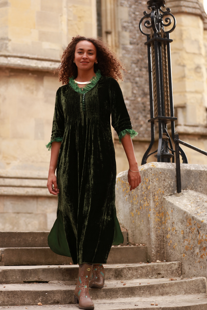 **COMING SOON - AVAILABLE TO PRE-ORDER** Silk Velvet Annabel Maxi Dress in Forest Green
