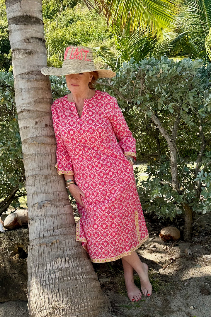 Cotton Belle Kaftan Dress in Coral & White Flower