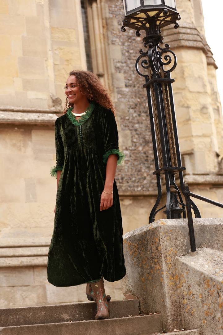 **COMING SOON - AVAILABLE TO PRE-ORDER** Silk Velvet Annabel Maxi Dress in Forest Green