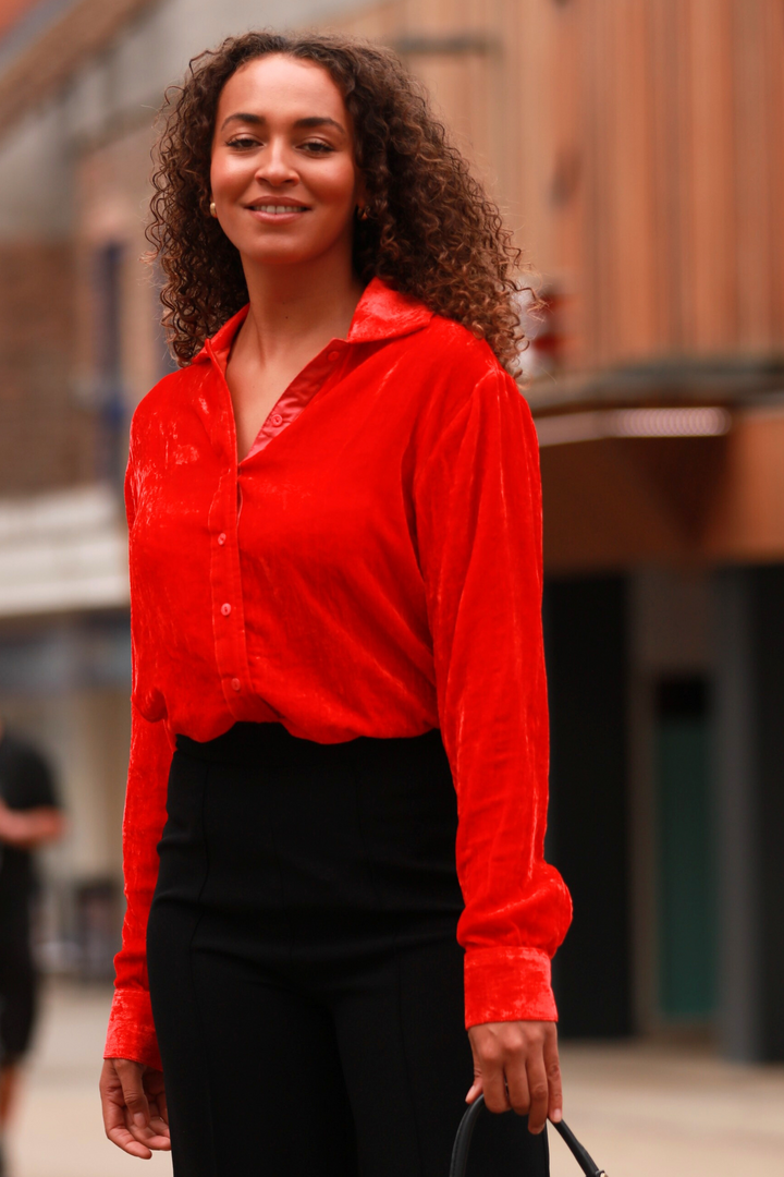 **COMING SOON - AVAILABLE TO PRE-ORDER** Silk Velvet Karen Shirt In Hot Orange
