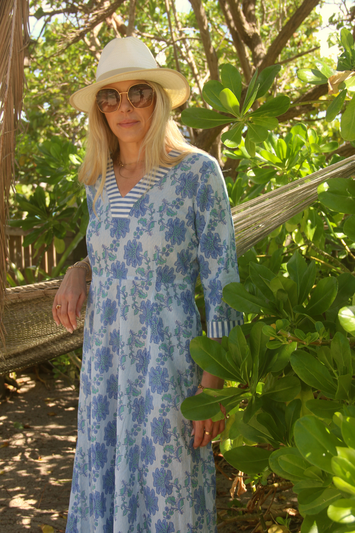 Cotton Rhonda Midi Dress in Blue Pinstripe