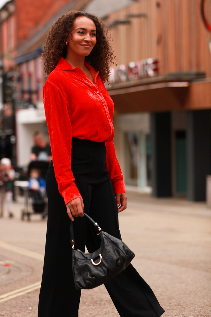 **COMING SOON - AVAILABLE TO PRE-ORDER** Silk Velvet Karen Shirt In Hot Orange