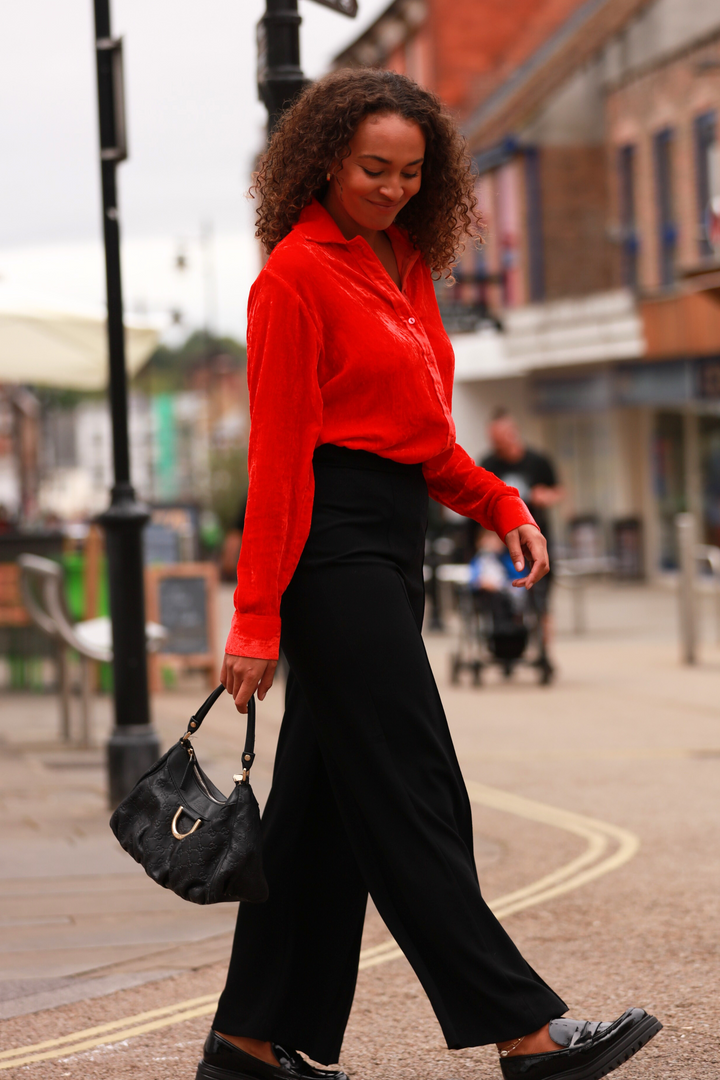 **COMING SOON - AVAILABLE TO PRE-ORDER** Silk Velvet Karen Shirt In Hot Orange