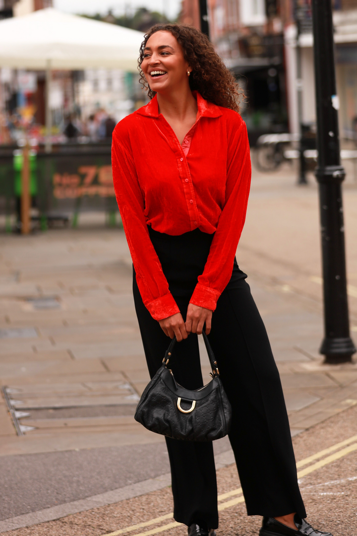 **COMING SOON - AVAILABLE TO PRE-ORDER** Silk Velvet Karen Shirt In Hot Orange