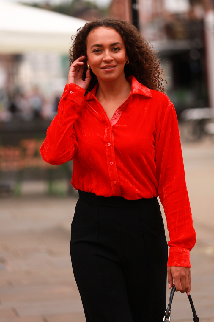 **COMING SOON - AVAILABLE TO PRE-ORDER** Silk Velvet Karen Shirt In Hot Orange