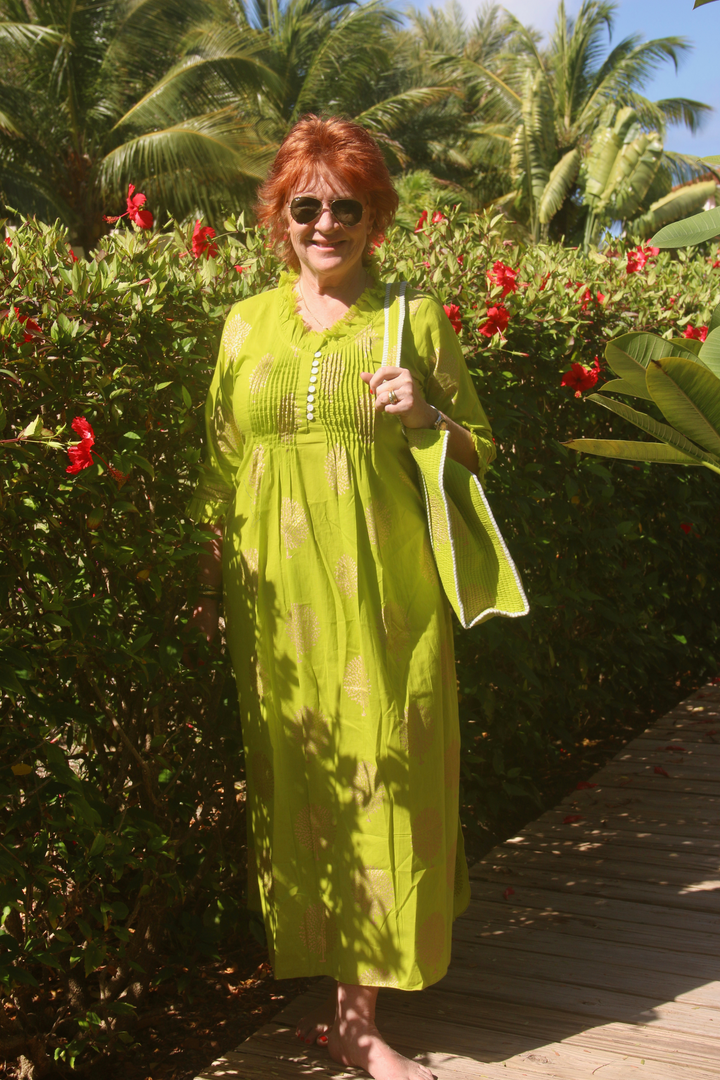 Cotton Annabel Maxi Dress in Lime & Gold