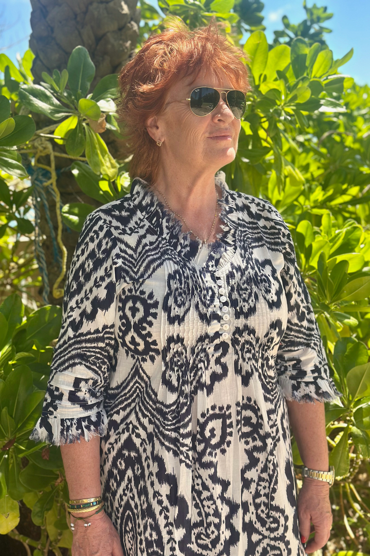 Cotton Annabel Maxi Dress in Navy & White Ikat
