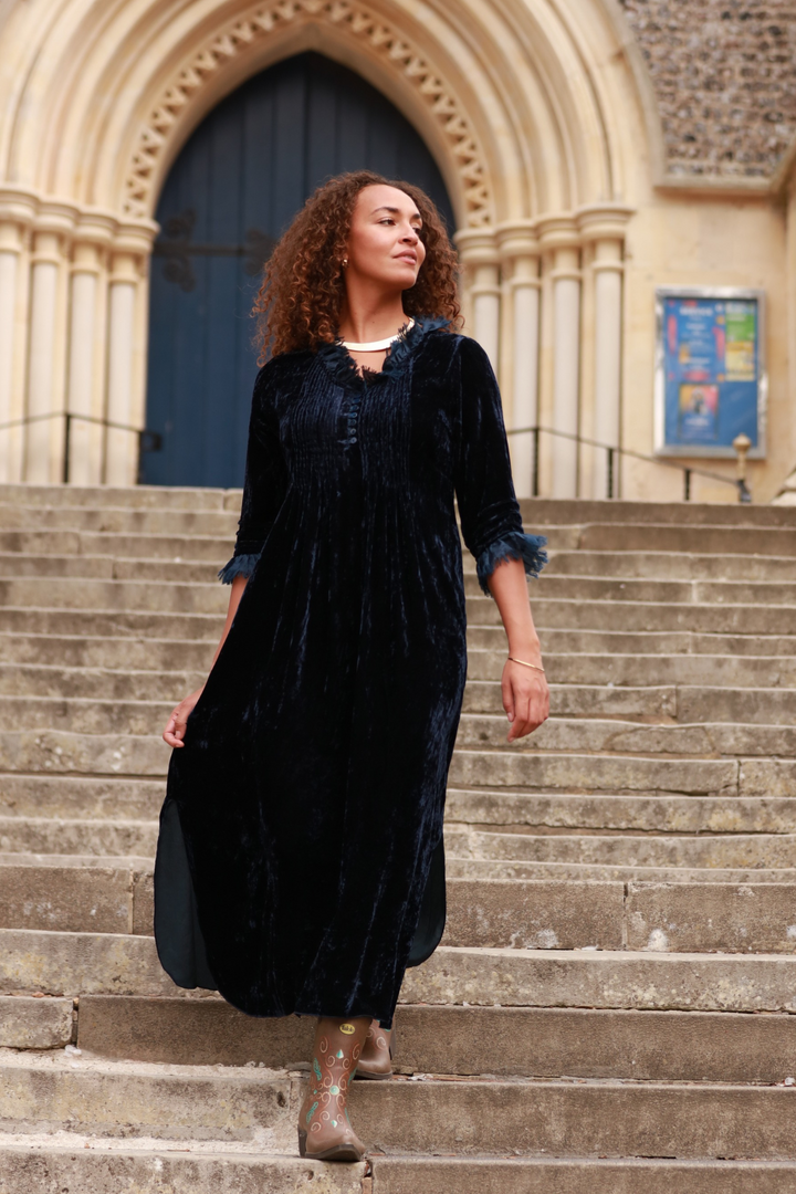 **COMING SOON - AVAILABLE TO PRE-ORDER** Silk Velvet Annabel Maxi Dress in Navy