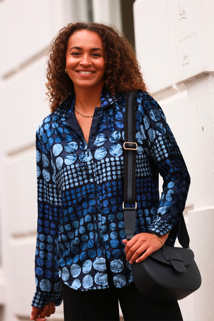 **COMING SOON - AVAILABLE TO PRE-ORDER** Silk Velvet Karen Shirt In Blue Boho Spot