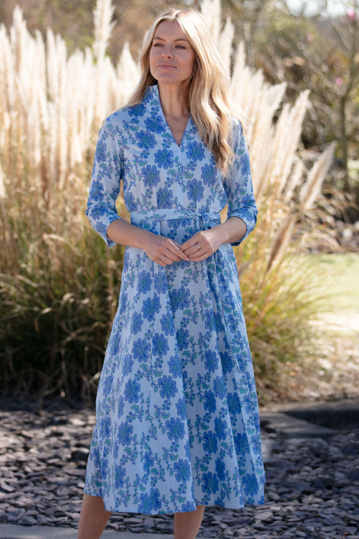 Cotton Chelsea Midi Dress in Blue Pinstripe