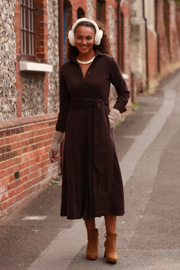 **COMING SOON - AVAILABLE TO PRE-ORDER** Mia Corduroy Midi Dress In Chocolate